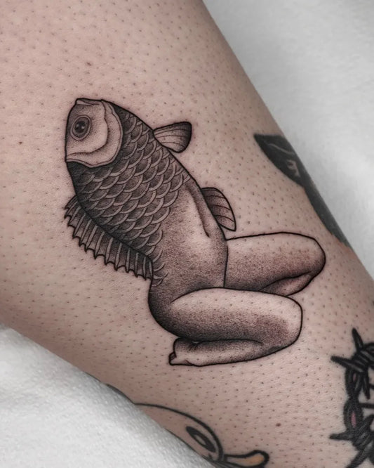 Small Blackwork Mermaid Tattoo on Women Thigh by @carlosthebarloswarlos_