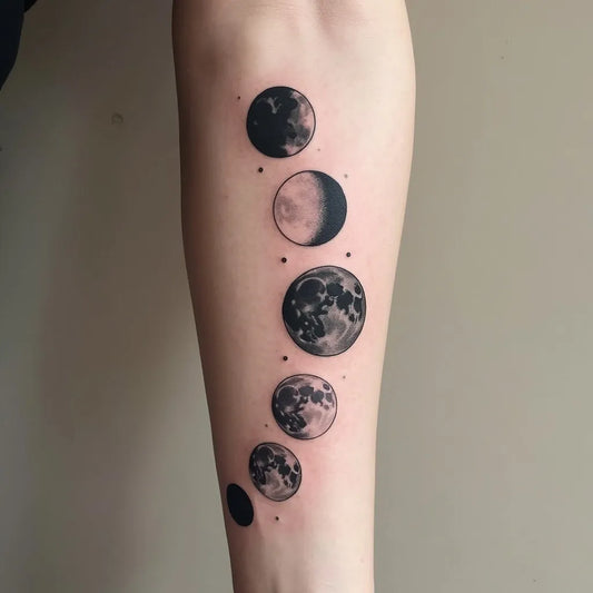 Small Blackwork Moon Phases Tattoo on Women Arm by @grid_tattoo1