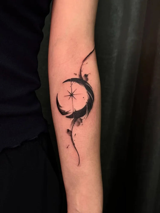 Small Blackwork Moon Star Tattoo on Women Arm by @tattooist_ryu_hwa
