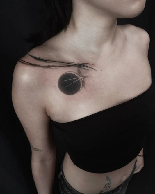 Small Blackwork Moon and Branches Tattoo on Women Shoulder by @jiaqi.ink
