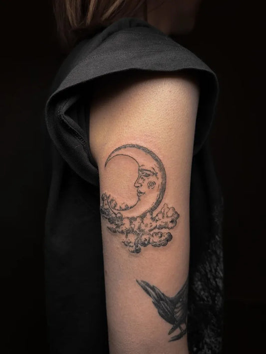 Small Blackwork Moon and Clouds Tattoo on Women Arm by @askketttt