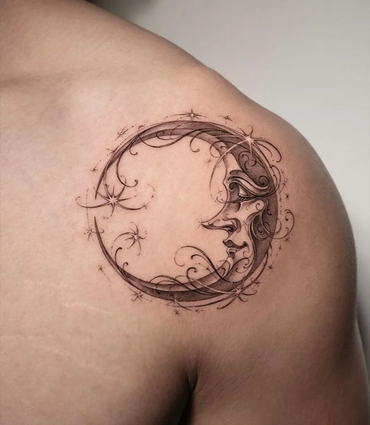 Small Blackwork Moon with Floral Elements Tattoo on Men Shoulder by @jeon______