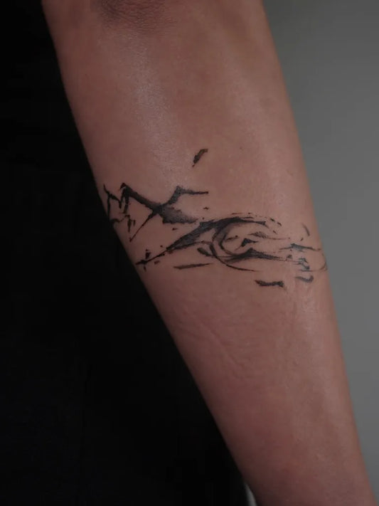 Small Blackwork Mountain and Birds Tattoo on Women Arm by @olyabartno
