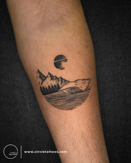 Small Blackwork Mountains Moon Polar Bear Nature Tattoo on Men Arm by @circletattoo