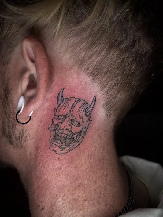 Small Blackwork Oni Mask on Men Neck Tattoo by @matwithdreads