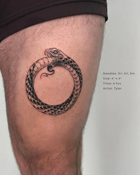 Small Blackwork Ouroboros Tattoo on Men Thigh by @thefigleaftattoo