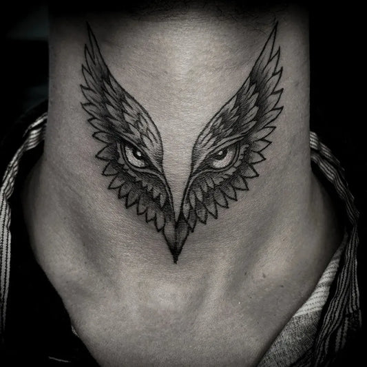 Small Blackwork Owl Eyes on Men Neck Tattoo by @jayhari_tattoo_art