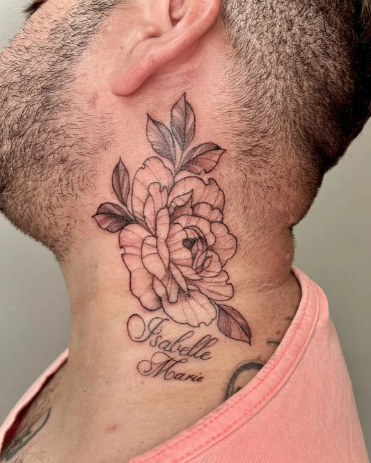 Small Blackwork Peony and Isabelle on Men Neck Tattoo by @ink.malena