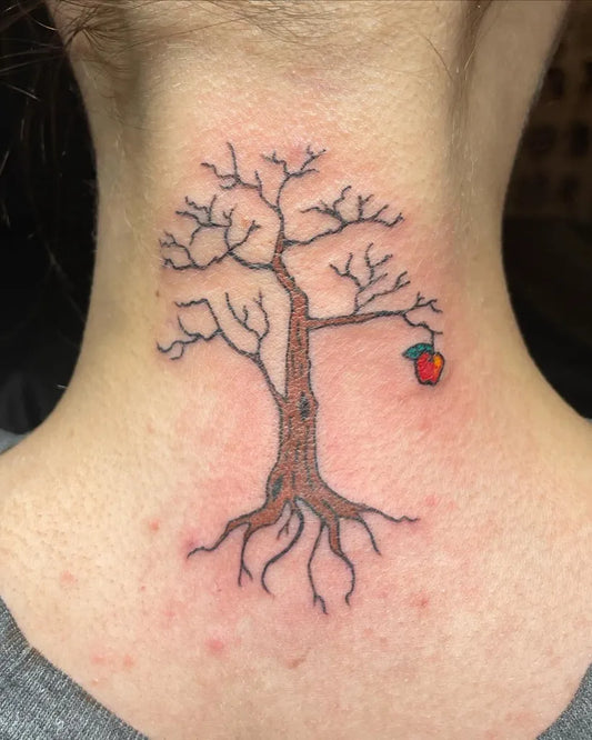 Small Blackwork Poison Tree with Apple on Women Neck Tattoo by @sunday.tattoos