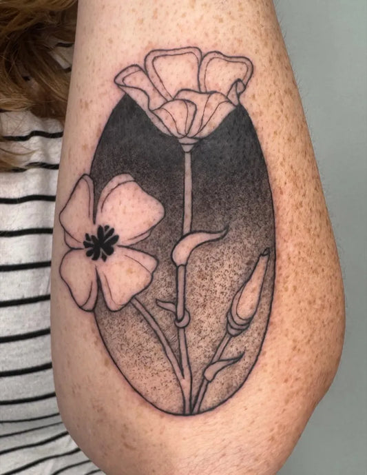 Small Blackwork Poppy and Oval Tattoo on Women Arm by @tiff_tatts