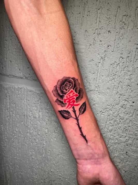 Small Blackwork Red Chinese Characters Rose on Men Forearm Tattoo by @ariart.s