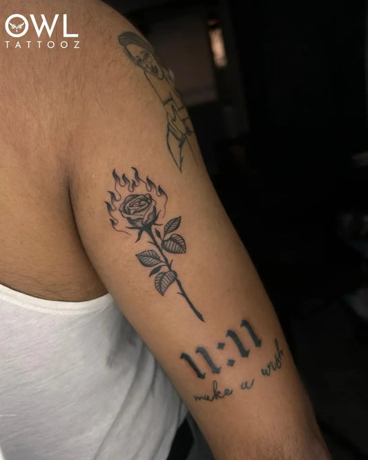 Small Blackwork Rose Flames Text on Men Arm Tattoo by @owltattooz