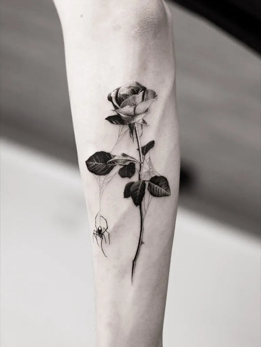 Small Blackwork Rose and Spider on Women Arm Tattoo by @oottatjac
