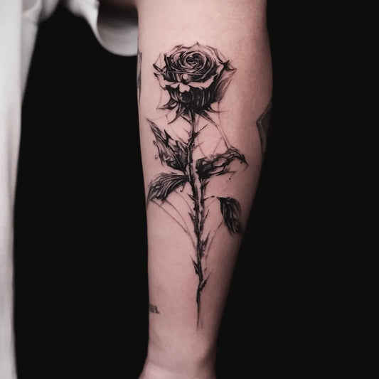 Small Blackwork Rose on Women Arm Tattoo by @dowoo_tattoo