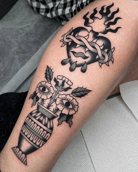 Small Blackwork Sacred Heart Vase Flowers on Women Leg Tattoo by @chloemoontattoo