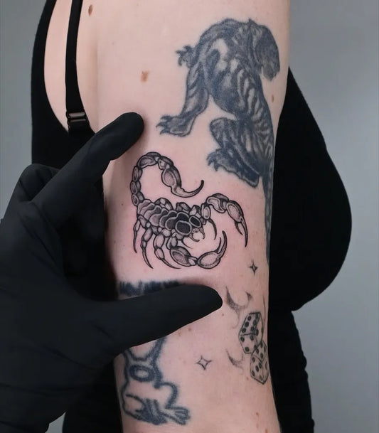 Small Blackwork Scorpion Tiger on Women Arm Tattoo by @seekshaed