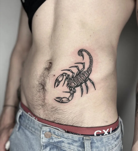 Small Blackwork Scorpion on Men Abs Tattoo by @tippingtattoo