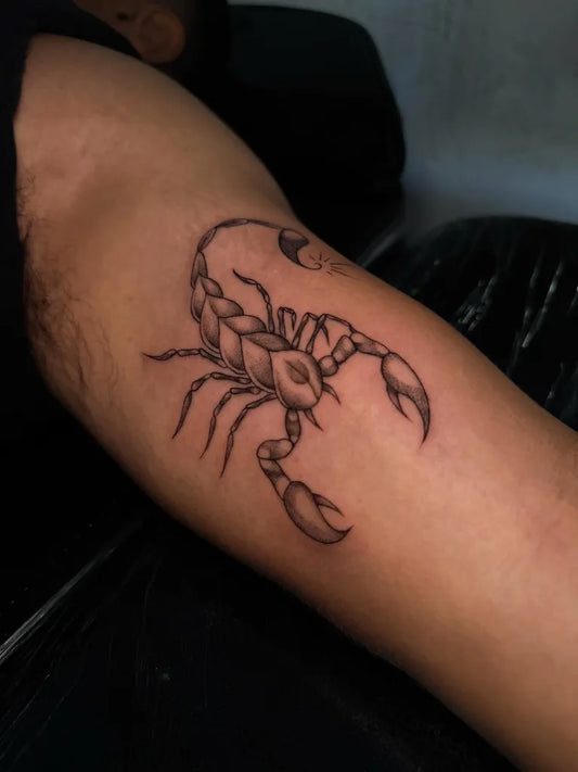 Small Blackwork Scorpion on Men Arm Tattoo by @notwonkystars