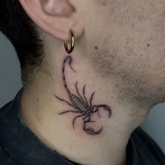 Small Blackwork Scorpion on Men Neck Tattoo by @macarthur.tattoos