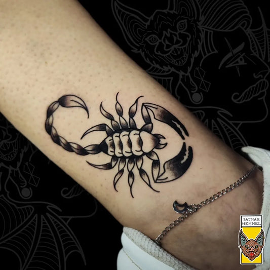 Small Blackwork Scorpion on Women Ankle Tattoo by @batmanhemmel_tattoo