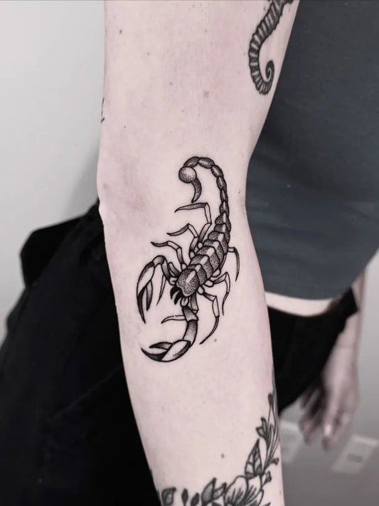 Small Blackwork Scorpion on Women Arm Tattoo by @katepenntattoos