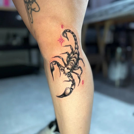 Small Blackwork Scorpion with Dots on Women Thigh Tattoo by @bellupinink