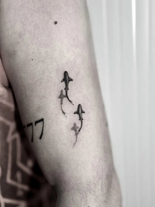 Small Blackwork Sharks on Men Arm Tattoo by @ink_cze