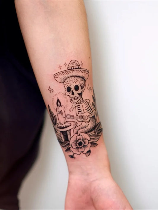 Small Blackwork Skull Cactus Rose on Women Wrist Tattoo by @hachehyde