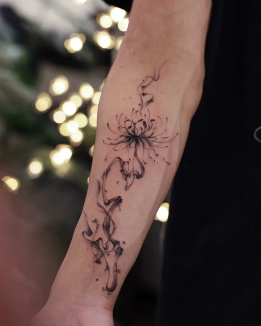 Small Blackwork Spider Lily Tattoo on Men Arm by @vivi_tattooer