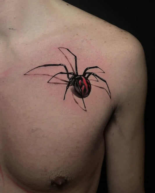 Small Blackwork Spider on Men Chest Tattoo by @andreacasotattoo