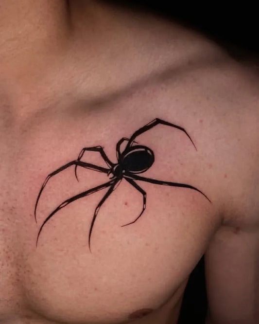Small Blackwork Spider on Men Chest Tattoo by @the_destiny_tattoo