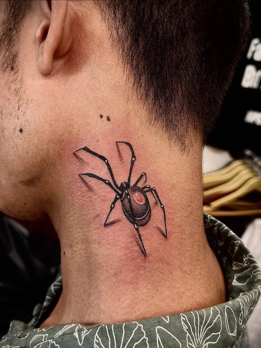 Small Blackwork Spider on Men Neck Tattoo by @_inklifetattoos