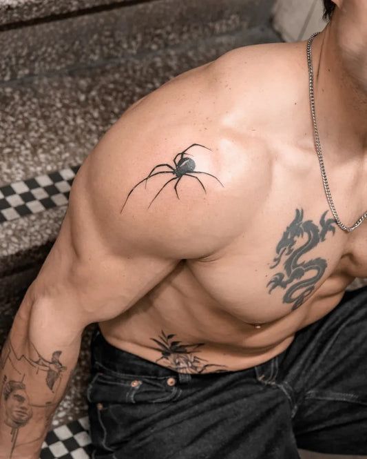 Small Blackwork Spider on Men Shoulder Tattoo by @jopombc