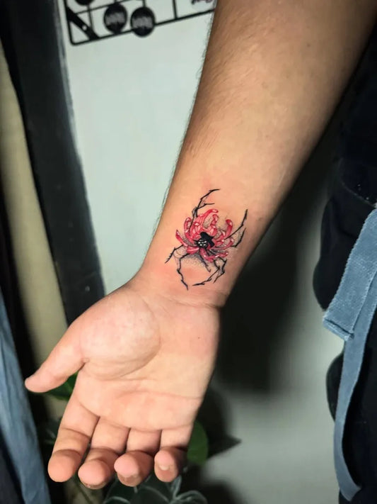 Small Blackwork Spider on Men Wrist Tattoo by @curlytattoo0