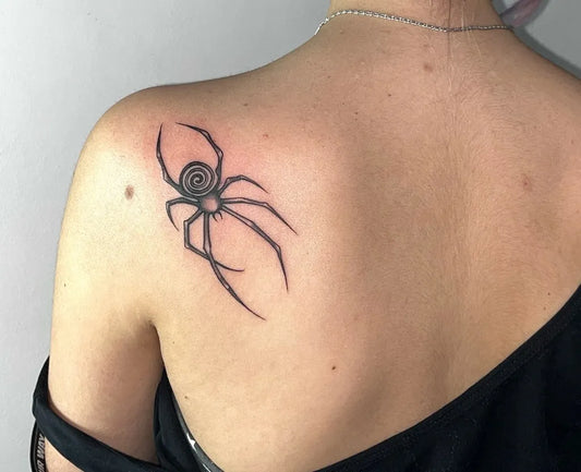 Small Blackwork Spider on Women Shoulder Tattoo by @lisa_tatts