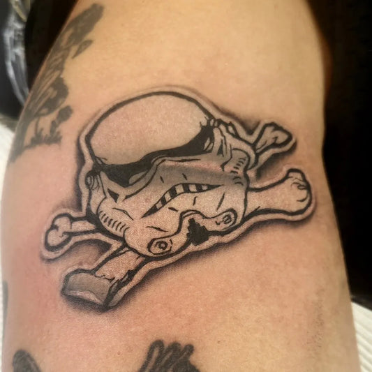 Small Blackwork Star Wars Stormtrooper Tattoo on Men Arm by @dyhrbergdamian