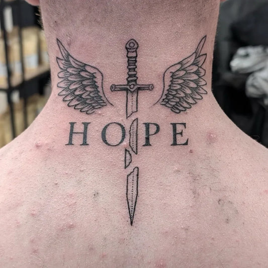 Small Blackwork Sword with Wings and Hope on Men Neck Tattoo by @paulnaylortattoos