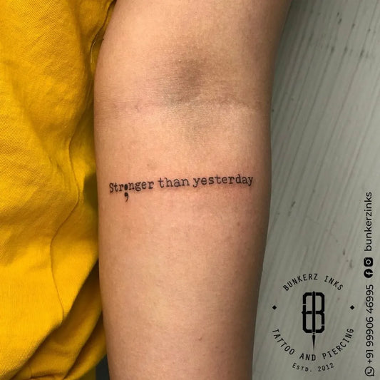Small Blackwork Text Quote Tattoo on Women Arm by @bunkerzinks
