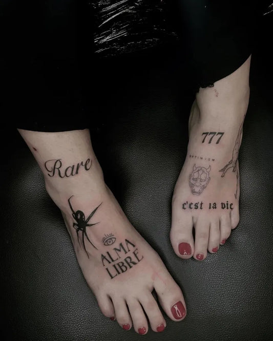 Small Blackwork Text and Spider Tattoo on Women Foot by @99tattoostudioo