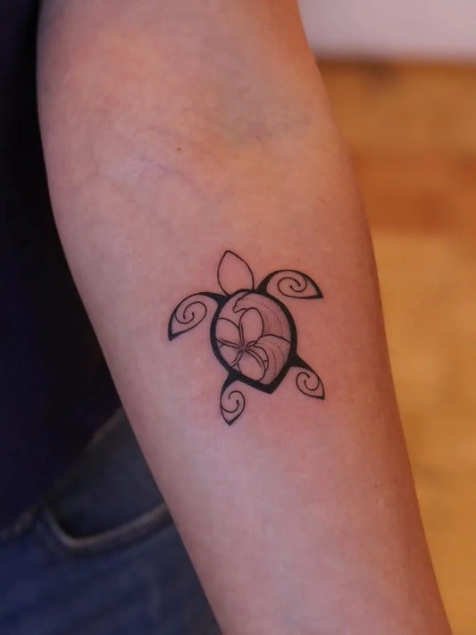 Small Blackwork Turtle Tattoo on Women Arm by @mirandaroseart