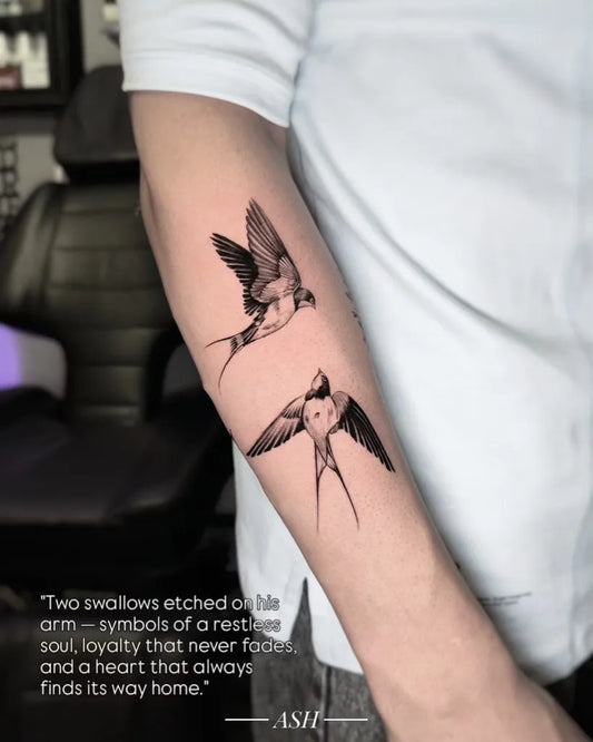 Small Blackwork Two Swallows Tattoo on Men Arm by @ashtattooart