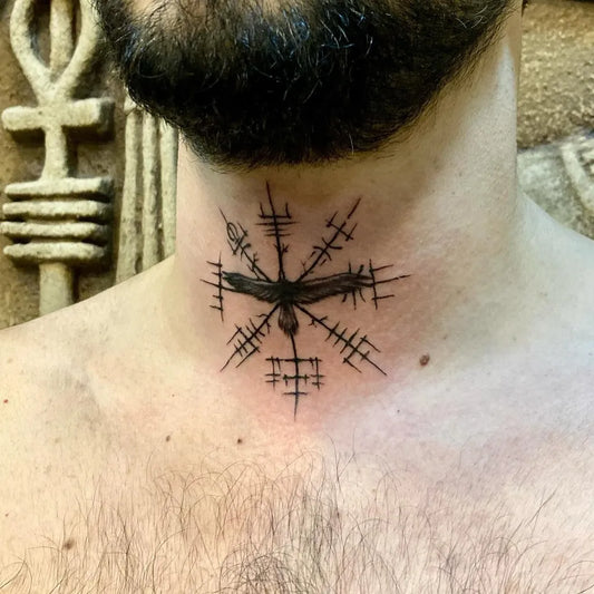Small Blackwork Vegvisir Tattoo on Men Neck by @gunashovvidadi