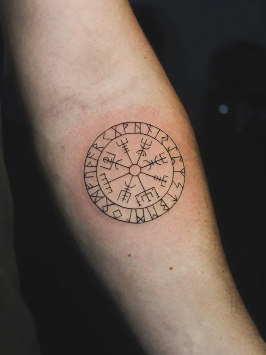 Small Blackwork Vegvisir Tattoo on Women Forearm by @lu_fineline