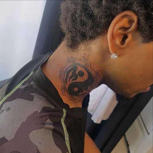 Small Blackwork Yin Yang on Men Neck Tattoo by @splat_tattoos2288