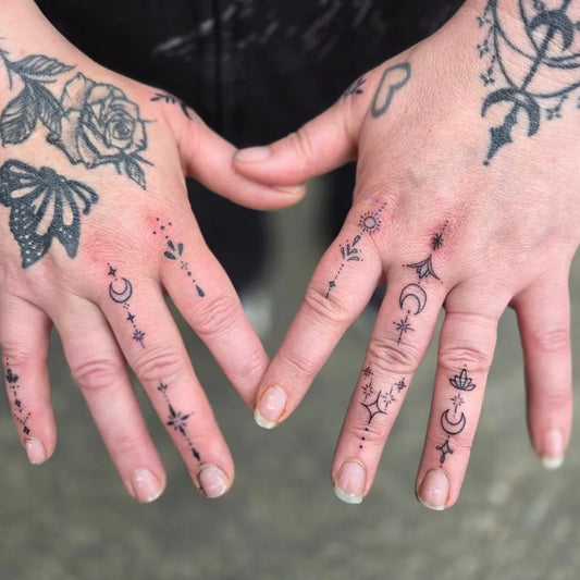 Small Boho Moon Star Rose on Women Fingers Tattoo by @thebluerabbittattoo