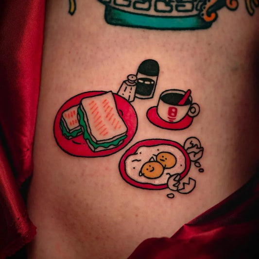 Small Cartoon Breakfast on Women Leg Tattoo by @jessinfully