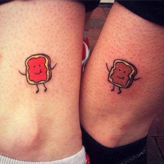 Small Cartoon Toast and Jelly on Women Thigh Tattoo by @skrokink