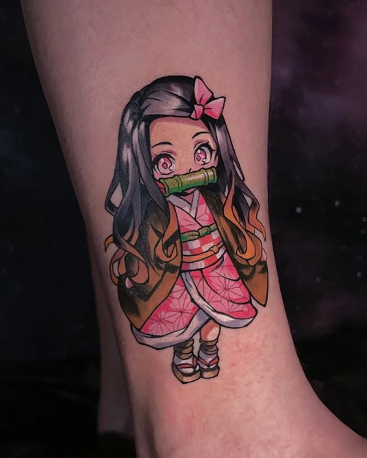 Small Chibi Nezuko on Women Ankle Tattoo by @stepnoysa