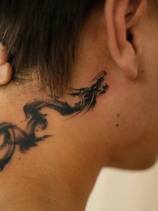 Small Chinese Dragon Men Neck Tattoo on Men Neck by @chongqingtattoo.heisong
