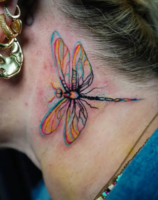 Small Color Glitch Abstract Dragonfly on Women Neck Tattoo by @nyahzul